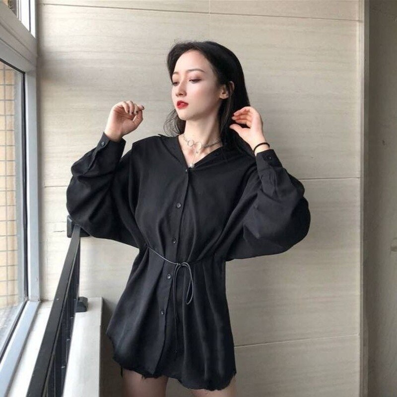Blusas de gasa para mujer, camisas de manga larga negras BF Ulzzang, blusas holgadas combinables a la para mujer, Tops Chic informales sencillos para estudiantes