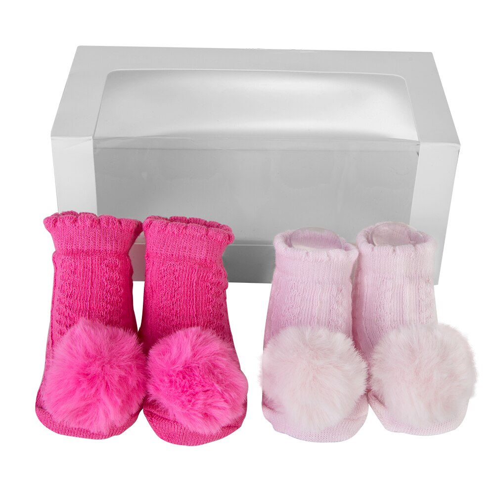 2 Paar/set Baby Meisjes Pom Pom Ademende Sokken Katoenen Baby Winter Sokken Set Anti Slip Met Pompom Antislip Sokken voor 0-6M: Powder rose red
