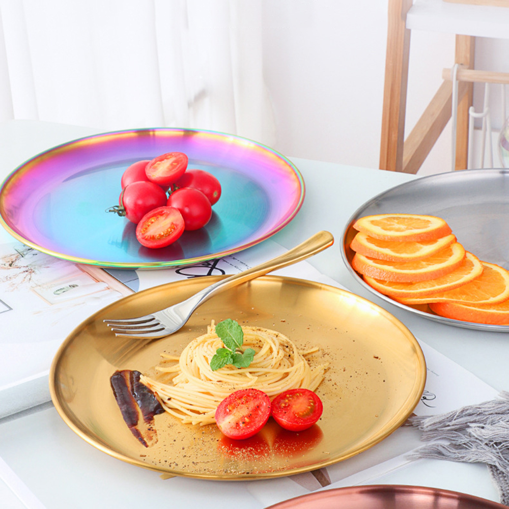 Stainless Steel Dinner Plates Restaurant Serving Tray Round Dessert Cake Snack Dishes Storage Plate Kitchen Supplies