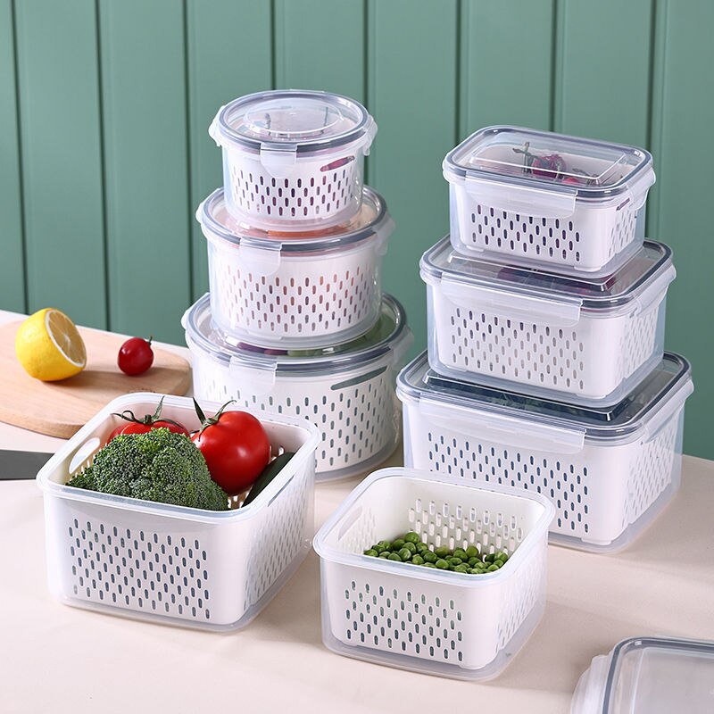 3PCS Kitchen Storage Basket Container Refrigerator Storage Box Fridge Fresh Kitchen Organizer Vegetable Fruit Boxes Drain Basket