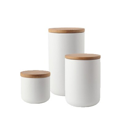 Tarro de cerámica con tapa de madera frasco de almacenamiento tipo botella Cocina Comida café té condimento sellado decoración de escritorio contenedor de cereales: 7-3pcs