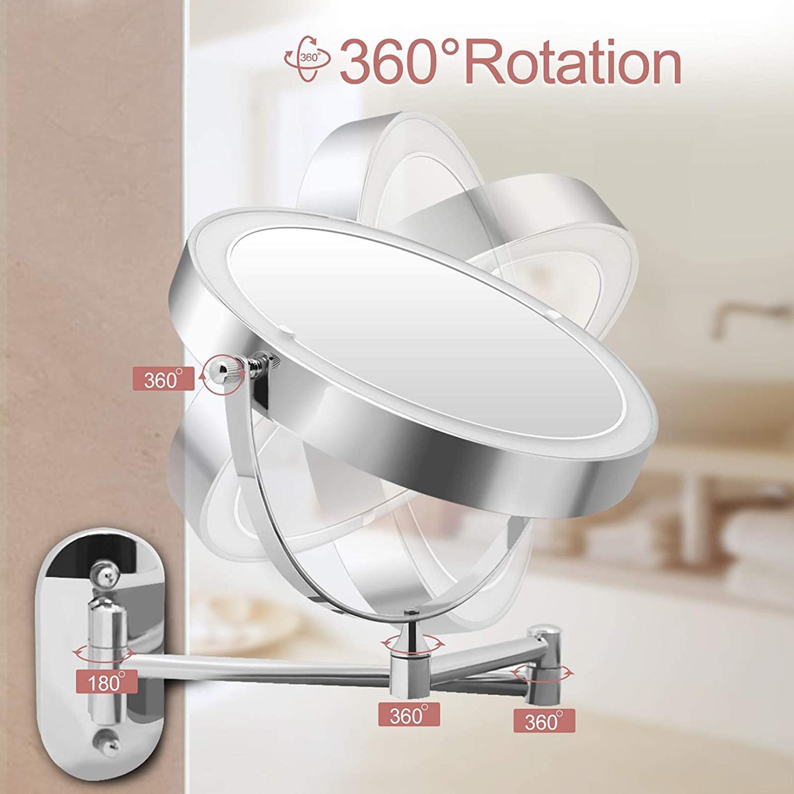 LED Wall Mounted 360° Swivel Mirror with 3 Lights and 1X 10X Magnification QW