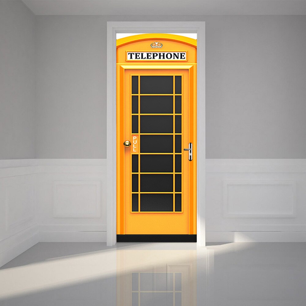 3D Door Stickers Yellow Telephone Booth Stickers Bedroom Study Bathroom Door Concealer Renovation Wall Stickers