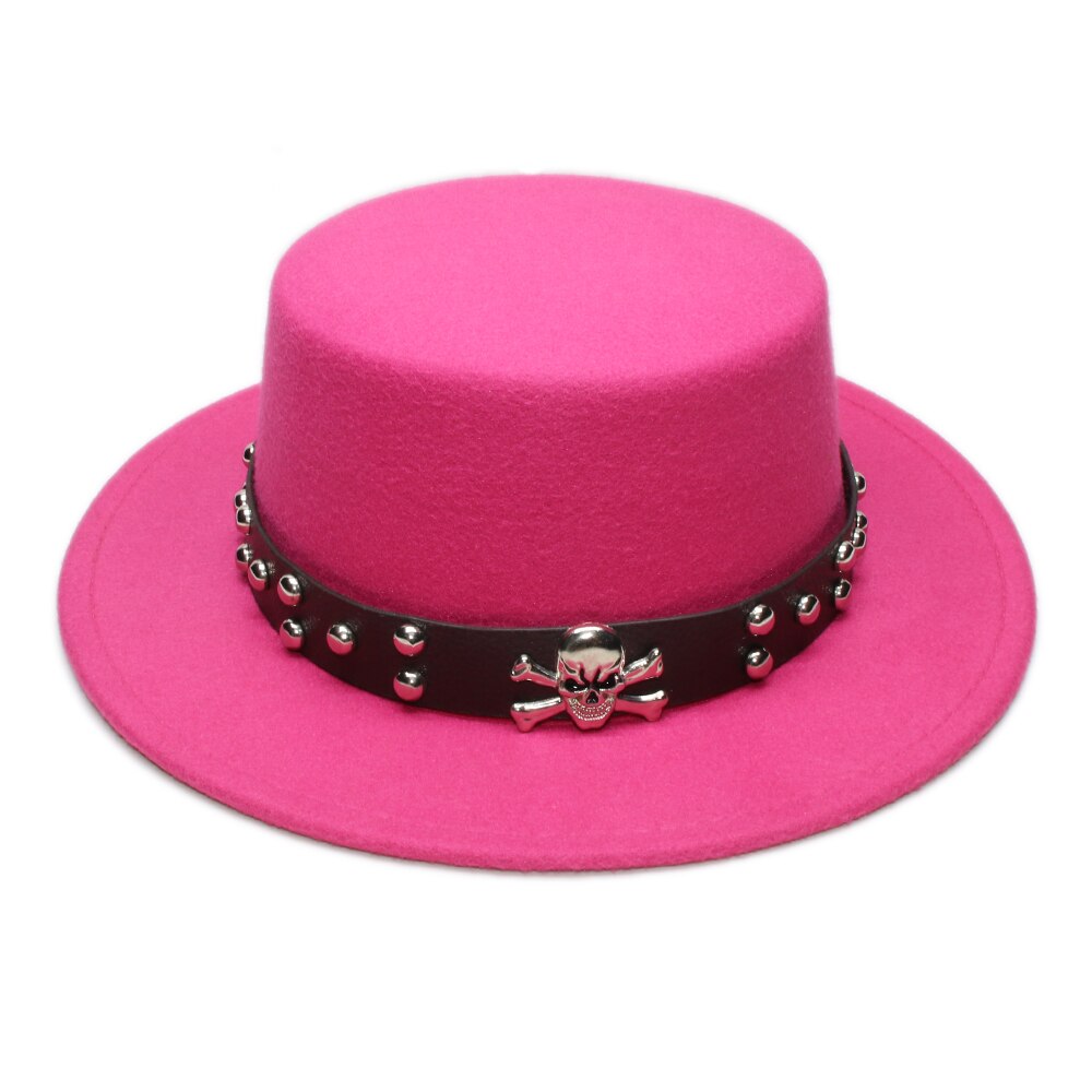 Retro dödskalle läderband förälder-barn unisex /barn ull bred brätte fedora fläskpaj fläsk-paj hatt bowler rund keps  (57cm/54cm): Reste sig / Barn storlek 54cm