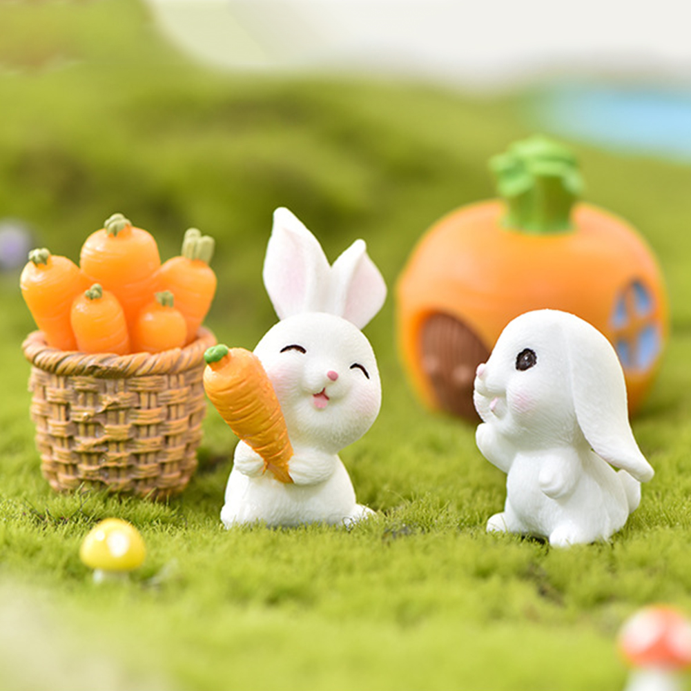 Mini Rabbit Statue Easter Bunny Model Resin Miniature Toy Micro Landscape Cartoon Carrot House Fairy Home Garden Decoration