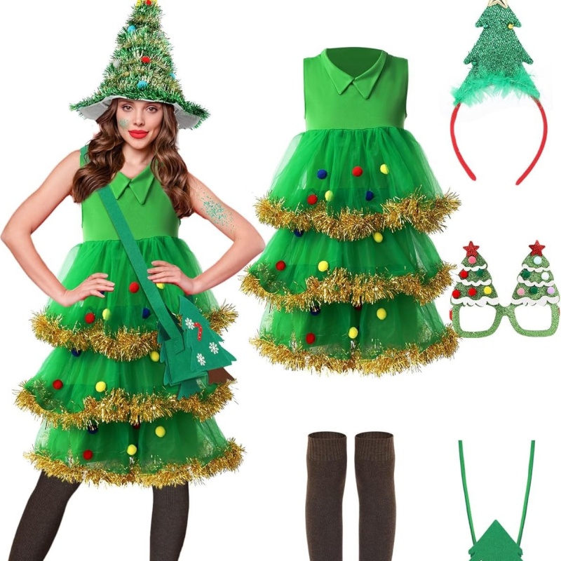 Christmas Adult Costume Cute Green Elf Christmas Tree Cosplay Costume Party Performance Dress Up Christmas Day Costume