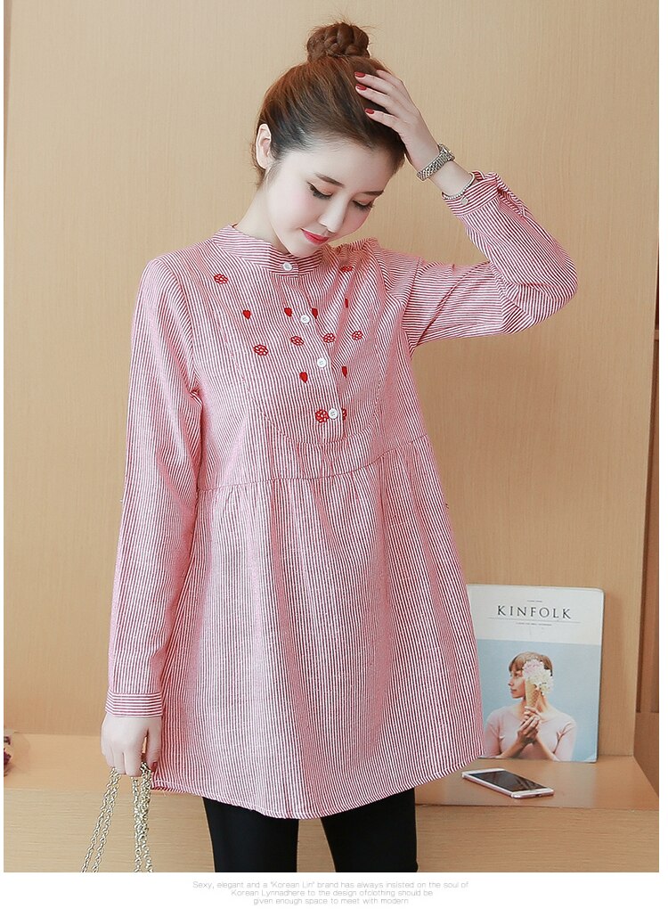 Envsoll-Blusa de maternidad coreana para mujeres embarazadas, ropa de maternidad, camisa a rayas, suelta, de manga larga, Tops de embarazo, Gravida,