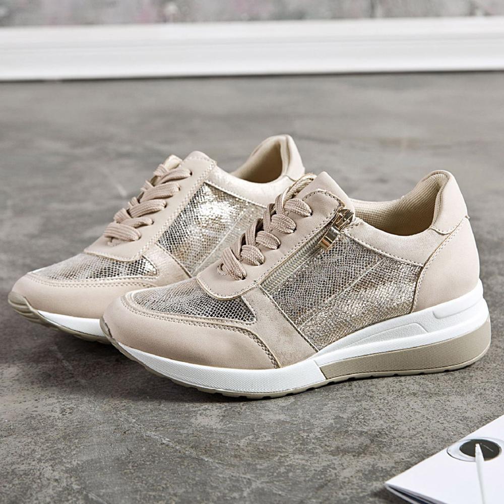 Casual wedge sneakers dame sportsmærke sko åndbare letvægts glitter sneakers med snøre