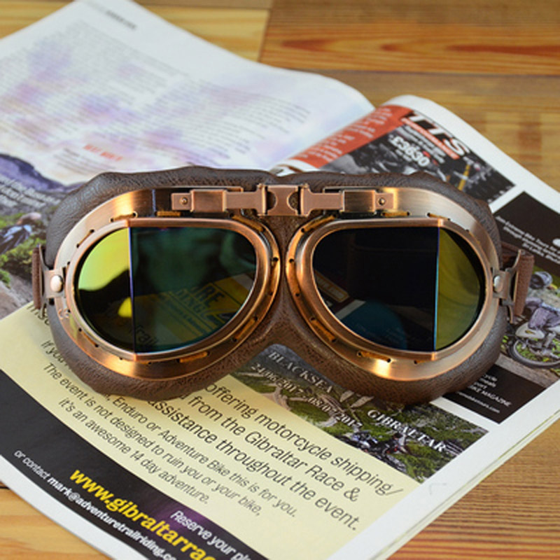 Lunettes de moto pour casque, pour pilote aviateur, rétro, en cuir PU, cuivre lunettes, pour Cruiser Cafe Racer: E