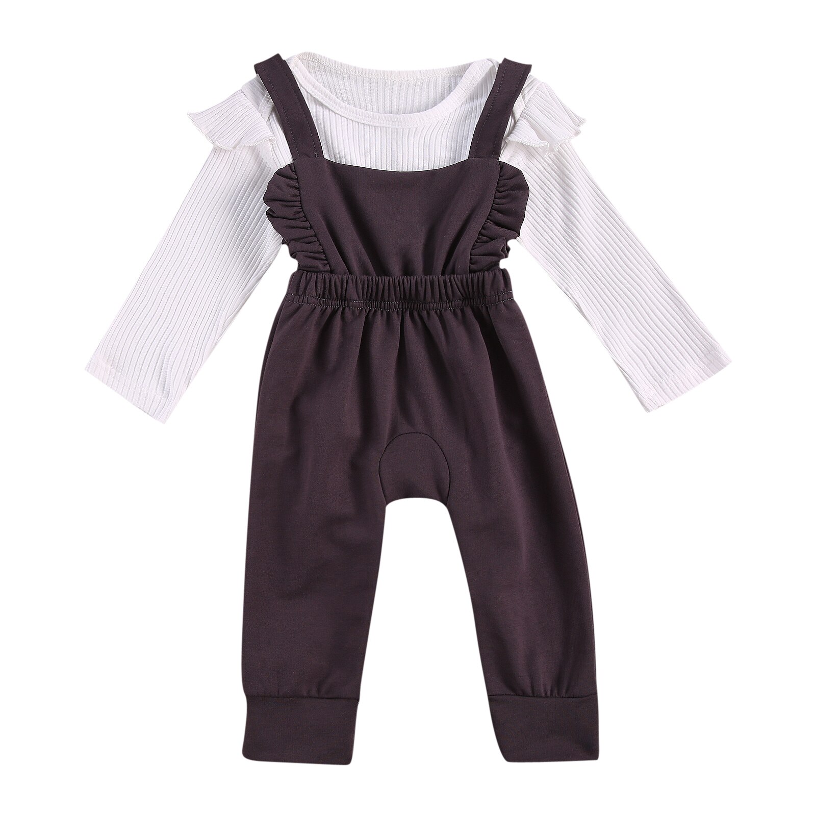 FOCUSNORM 0-24M Autumn Infant Baby Girls Boys Clothes Sets Solid Ruffles Long Sleeve Romper Tops+Bib Overalls Pants 5 Colors: Gray / 12M