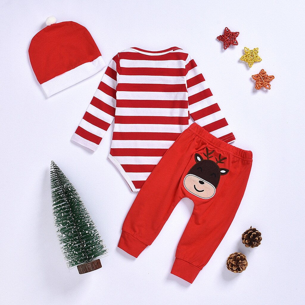 Weihnachten Kleidung Infant Baby Jungen Mädchen Weihnachten Streifen Print Romper Hosen Hut Outfits Weihnachten Lange Ärmeln Overall-spielanzug