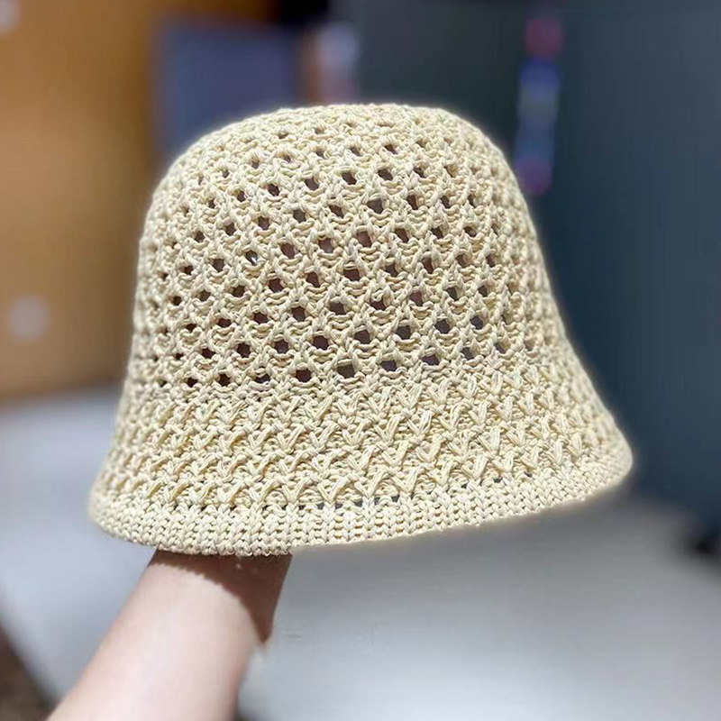 Bucket Hat Spring Summer Hollow Knitted Hat Solid Color Sunhat Fisherman Caps Casual Foldable Beach Cap: black