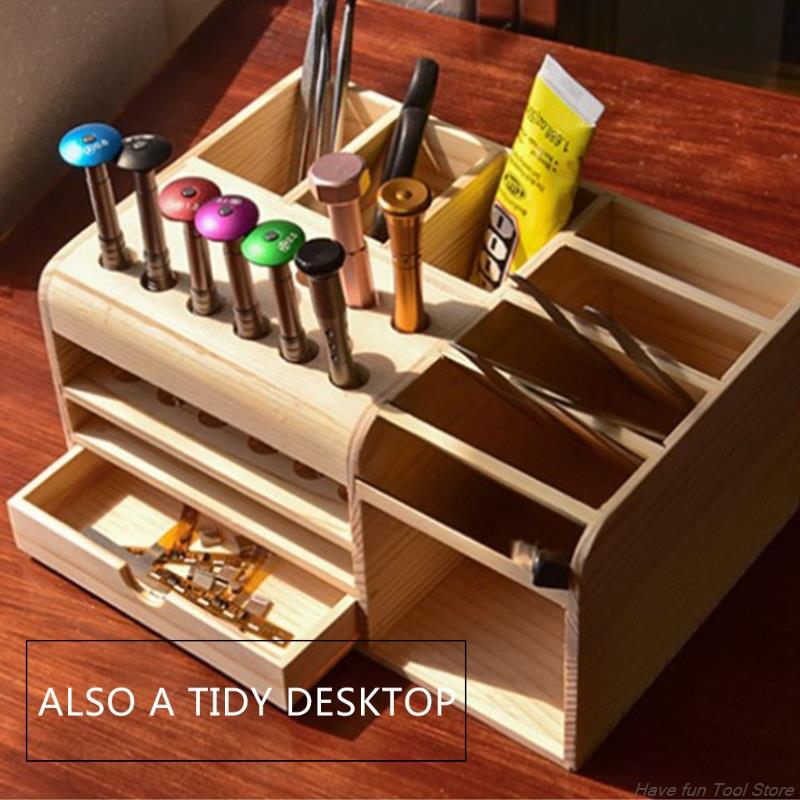 Wooden Multifunctional Storage Box for store Tool Tweezers Knives Screwdrivers Cellphone Calculator Desk Supplies