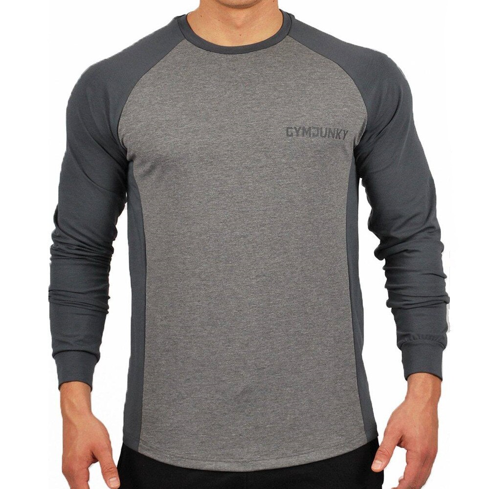 Camiseta de gimnasio para hombre, camisa de manga larga para entrenamiento de culturismo, informal, de algodón suave, ropa interior deportiva: L / grey