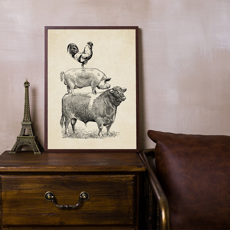 Pluimvee Koe Varken Kip Vintage Poster Keuken Decor, Franse Land Boerderij Retro Poster Kraftpapier