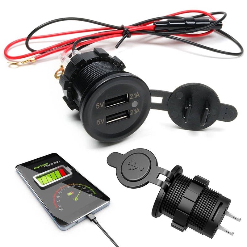 IP66 Water Proof 12V DC 2 USB Motorcycle Cigarette Lighter Socket Charger Connector and Fuse Converter Plug for Car Moto Boat 5V