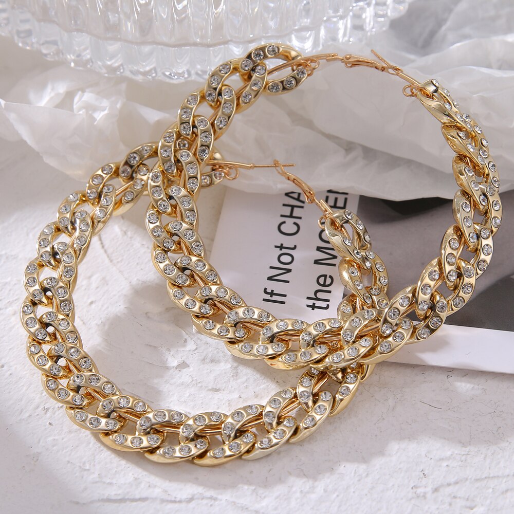 IPARAM Punk Gold Crystal Big Circle Hoop Earrings Retro Twist Geometric Circle Metal Earrings Statement Female Gothic Jewelry