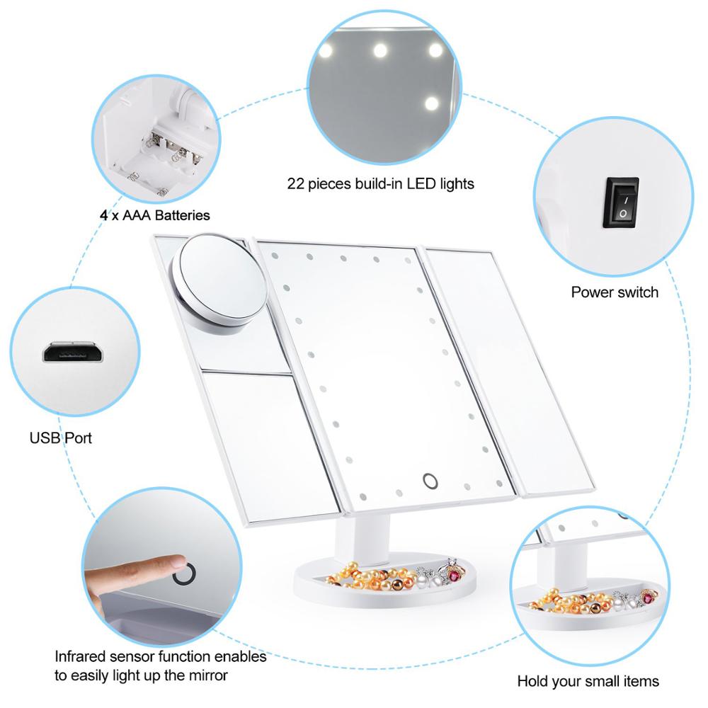 Espejo de maquillaje ligero con pantalla táctil LED, espejo cosmético de alta definición con aumento de 1X/2X/3X/10X, 22 unidades