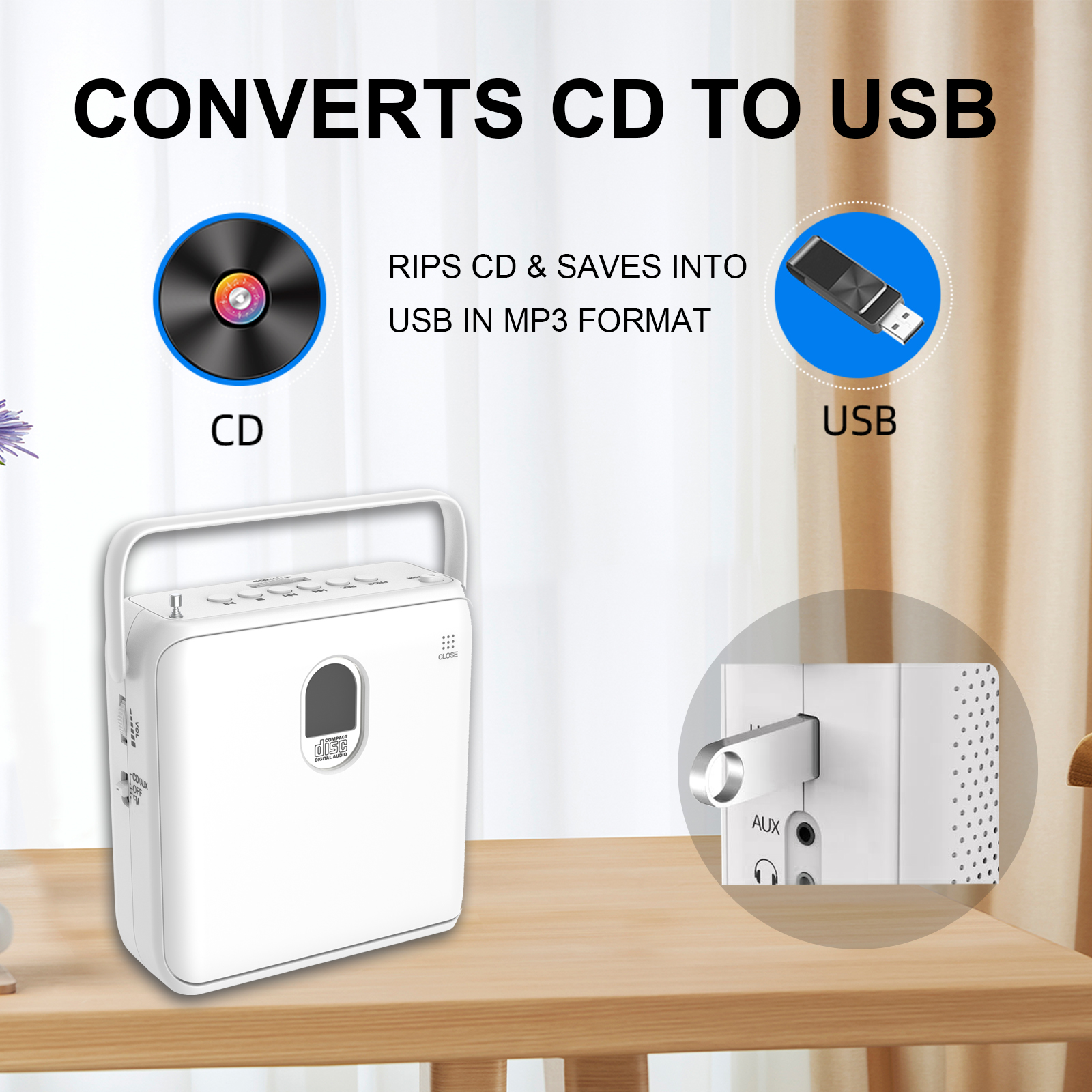 Leitor de CD portátil Bluetooth com alto-falantes USB/MP3 e rádio FM design vertical com DC 5V e bateria
