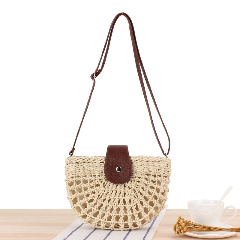 Une Pièce Directe Décontracté Épaule Tissé à La Main Creux Demi-Cercle Bandoulière Paille Sac de Plage Femme: beige