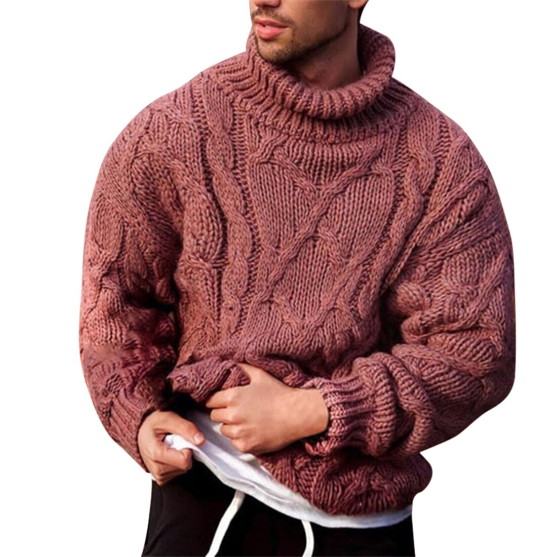 Herre loose fit rullekrave sweatere vinter tyk varm strikket pullover sweater afslappet strik outfits plus str.: Rød / L