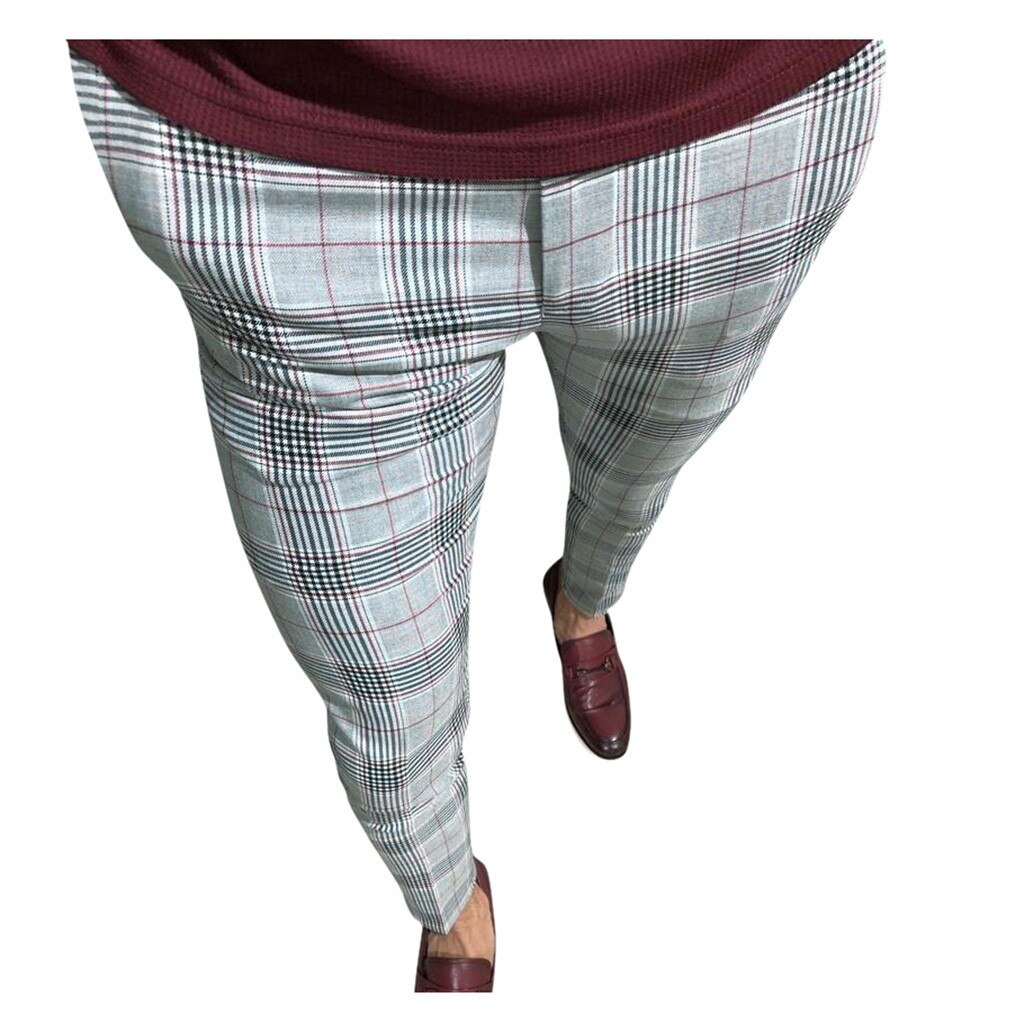 High wasit vårsommarficka herr slim fit rutiga byxor med raka ben casual penna jogger fritidsbyxor #g2: C / Xl