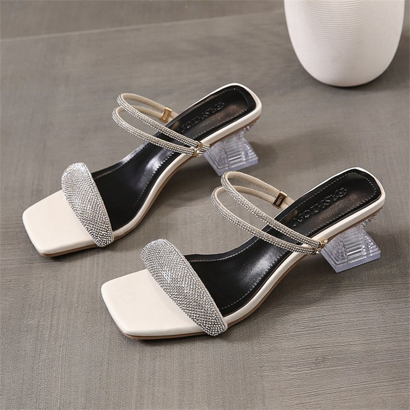 2022 summer rhinestone sandals, medium heels, thick heels, one word with two slippers, fairy high heels women&#39;s shoes: off white / 38