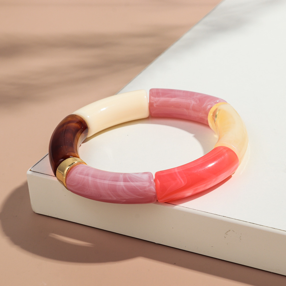 Nueva pulsera apilable de acrílico de tubo de bambú grande para mujeres y hombres, brazalete elástico con cuentas gruesas de resina colorida Vintage, joyería para parejas: Bronce antiguo plateado