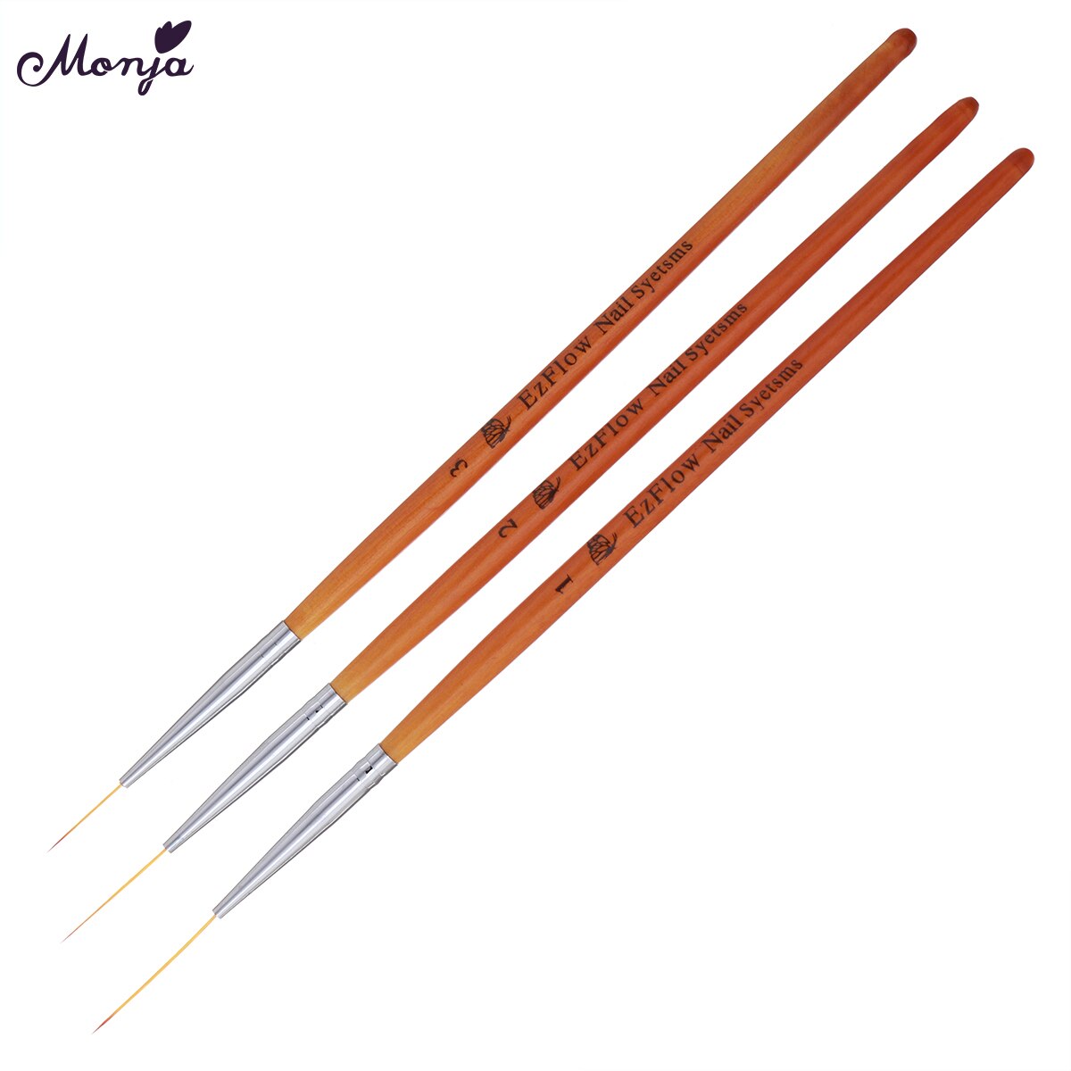 Monja 15/20/25Mm 3Pcs Nail Art Houten Handvat Franse Schilderen Borstel Lijnen Liner Bloem Rooster afbeelding Diy Tekening Pen Manicure Tool