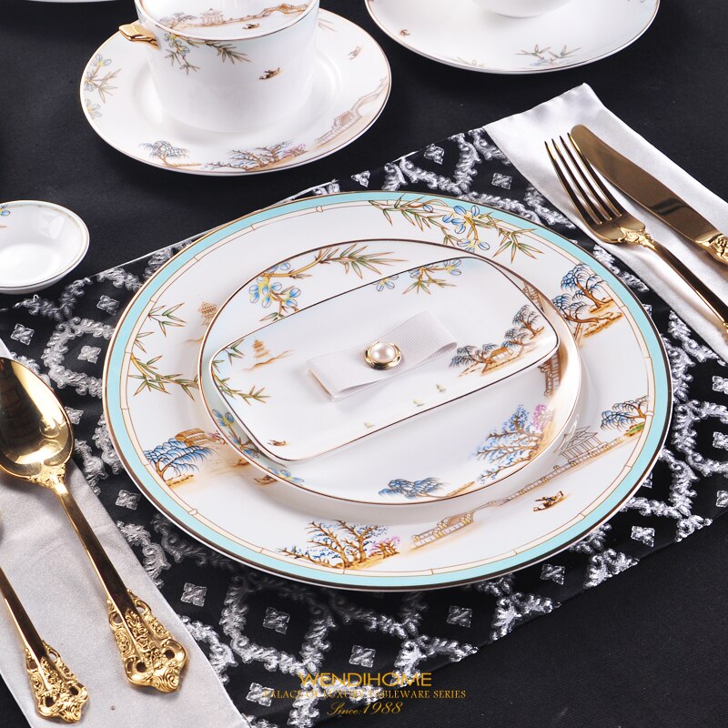 Chinese Style Porcelain Dinner Plates High-end West Lake Hotel Tableware Cutlery Set Decorative Flat Steak Plate