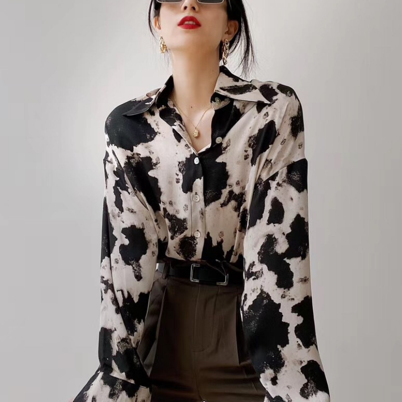 Camisas con botones y estampado de vaca para mujer, Tops de talla grande, ropa de coreana, ropa de calle de gasa, Blusa de manga larga, novedad de 13486: XL