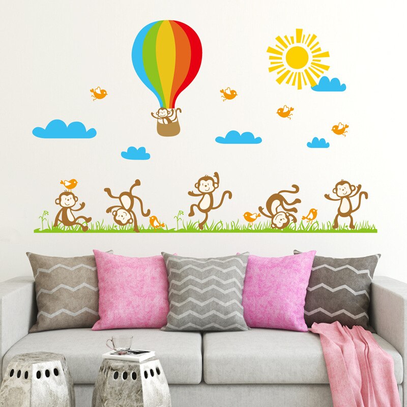 Aap luchtballon Muurstickers voor kinderen kinderkamer achtergrond decoratie nursery Mural Behang Art Decals sticker