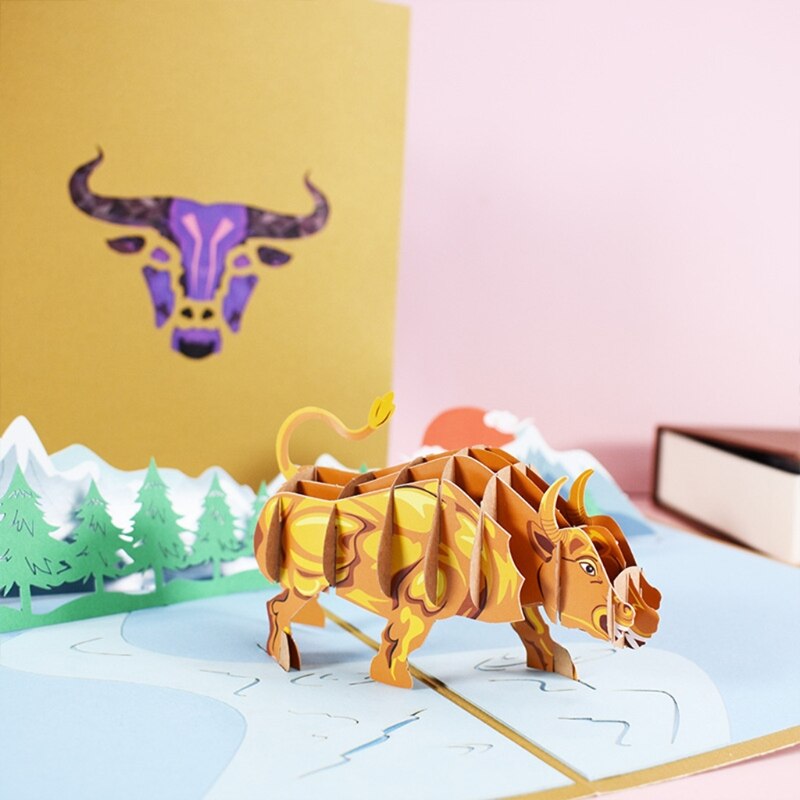 3D Pop-Up Animal Cattle Greeting Card Chinese Year Cow Postcard for Happy Birthday Kids Baby Shower with Envelope