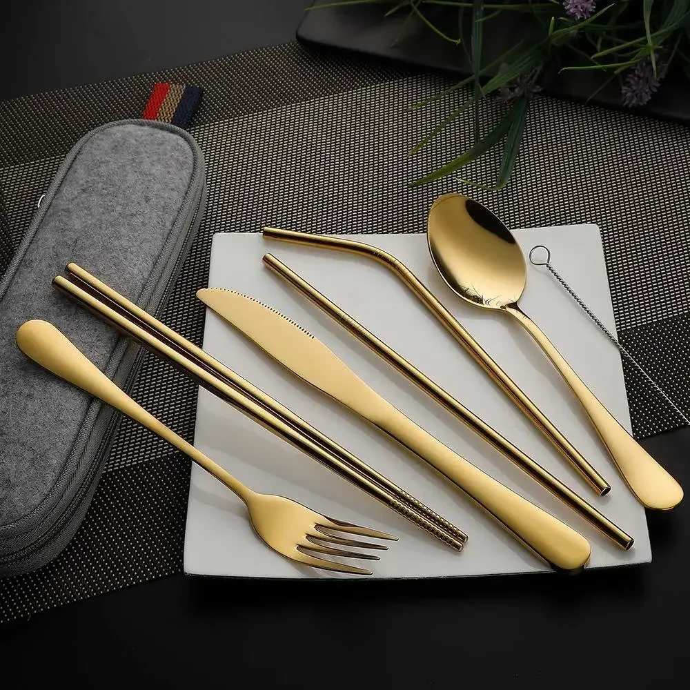 8 pçs/set utensílios de mesa reutilizáveis conjunto de talheres de viagem conjunto de utensílios de acampamento com colher de aço inoxidável garfo pauzinhos palha caso portátil