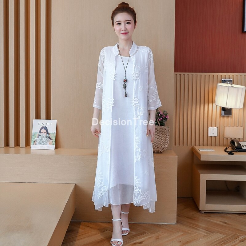 chinese dress qipao suit cotton linen cheongsam Two Piece Midi Dresses Vestidos Casual embroidery cardigan + dress robe: color1 / XXL