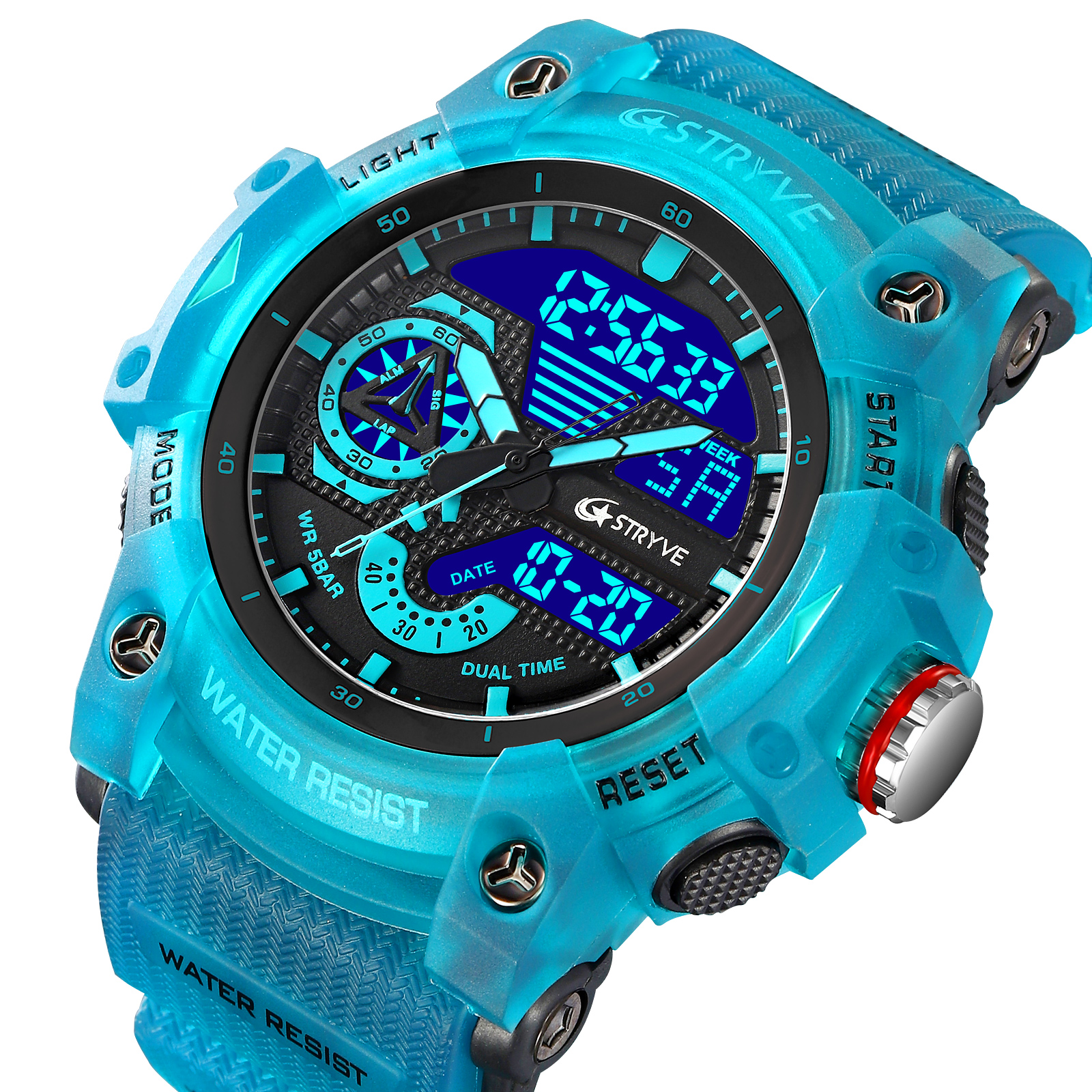 STRYVE Sports Dual Display Watch For Men LED Digital Quartz Waterproof Watches Men's Stopwatches Clock Youth Wristwatches 8029