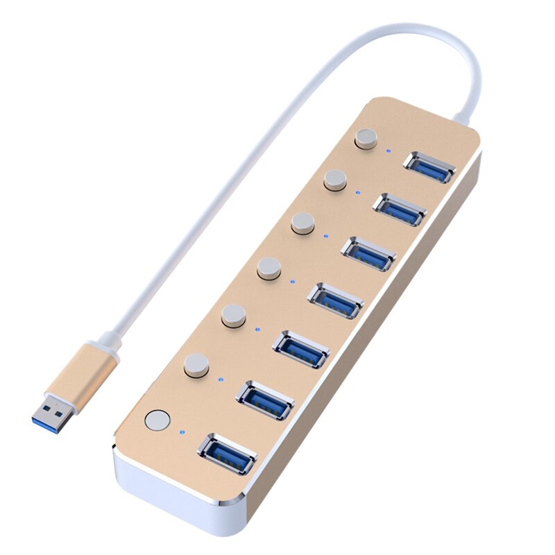 USB Hub 7 Ports USB 3.0 5Gbps Hub Splitter Extender with Independent Power Switch and LED for Laptop PC: Gold