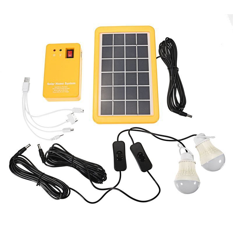 3W Zonnepaneel Noodverlichting Kit Solar Generator 4 Heads Usb Charger Cable + 2 Led Gloeilamp Voor outdoor Camping Solar Licht