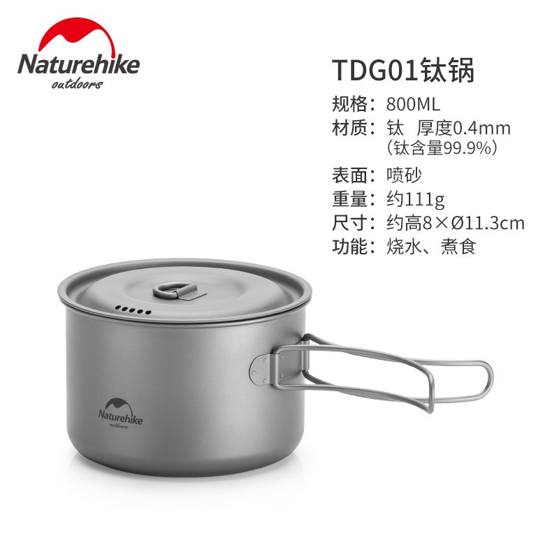 Naturehike acampamento ao ar livre panelas conjunto pote de titânio frigideira cozinhar piquenique pendurado pote com tripé portátil utensílios de mesa: Titanium pot 800ml
