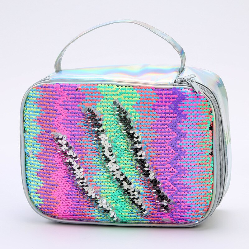 Mode Waterdichte Reverse Sequin Geïsoleerde Kinderen Meisjes Jongen Lunchbox Glitter Draagtas Koeler Picknick Zakje Voor Voedsel: WHITE