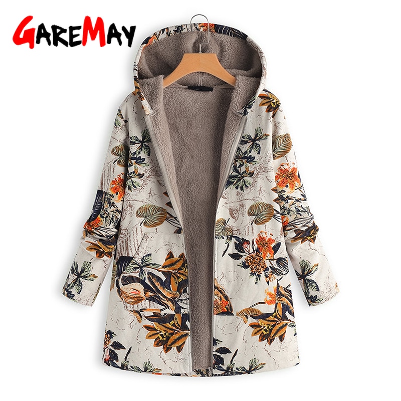 Chaqueta de mujer abrigo de peluche cazadora de invierno cálido prendas de vestir estampado Floral bolsillos con capucha Vintage abrigos de gran tamaño de talla grande # D