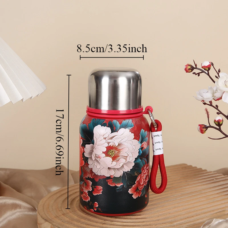 Retro and Bustling High-value Insulated Cup with Rose Pattern Double-layer Water Cup Car Portable Drawstring Stew Cup: green