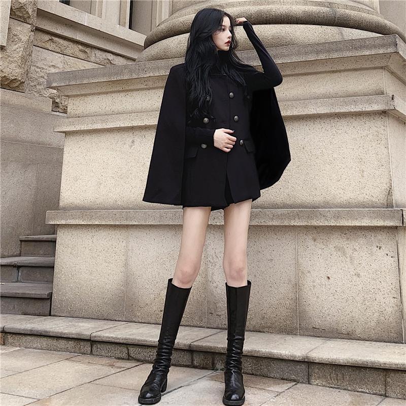 Manteau de cape noir pour femme, en laine, mi-long, col montant, ample, hiver