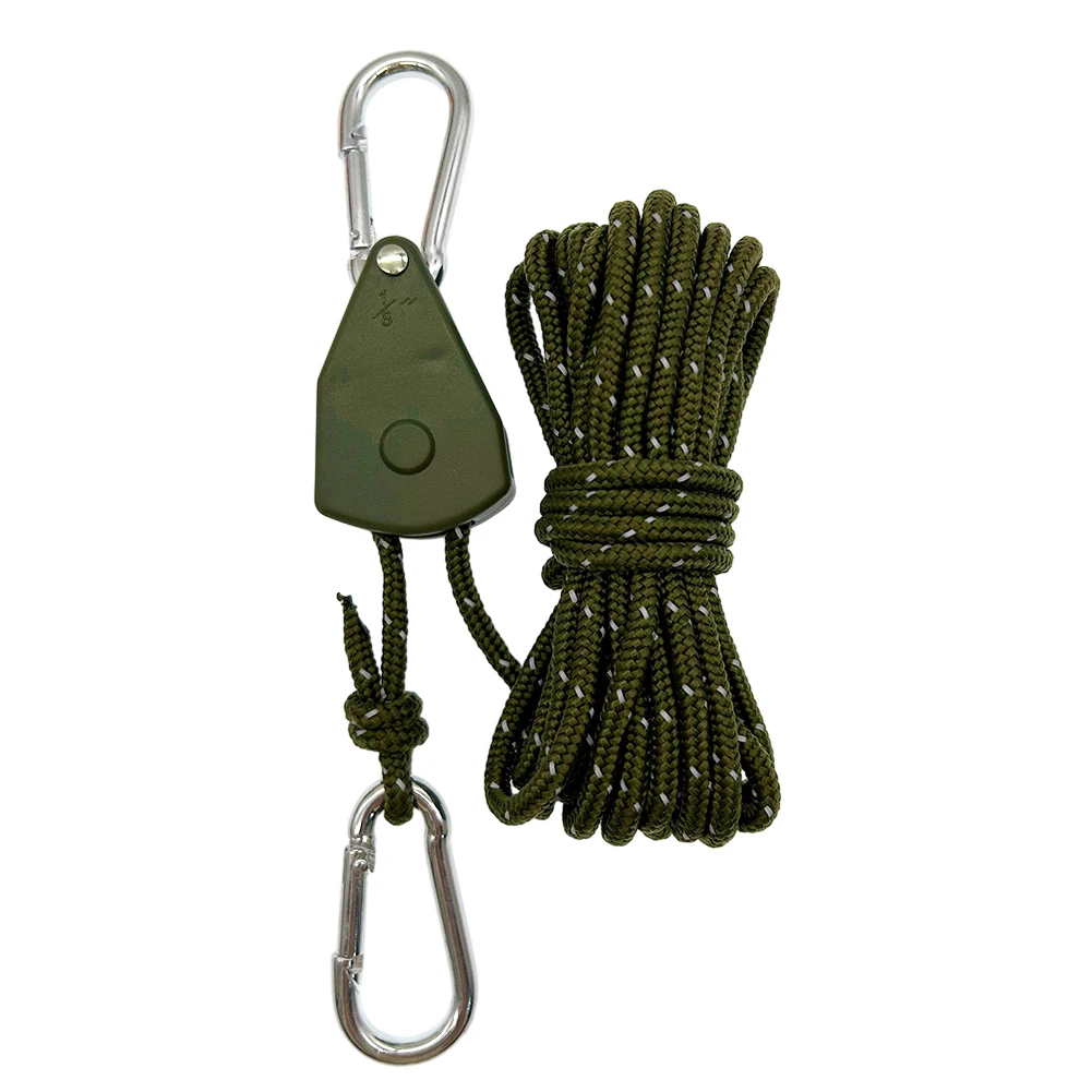 5m Camping Rope Tent Adjustable Rope Fastener Fixed Buckle Pulley Tensioner Ratchet Hangers Lights Camping Awning Wind Rope: army green