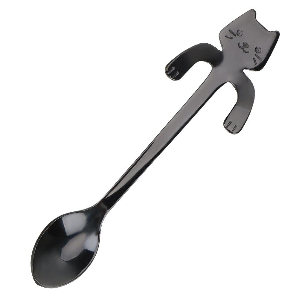 Mini Stainless Steel Tea Coffee Spoon Cute Cat Teaspoons For Bar Party Tableware Ice Cream Dessert Spoons Drinking Tools: Black