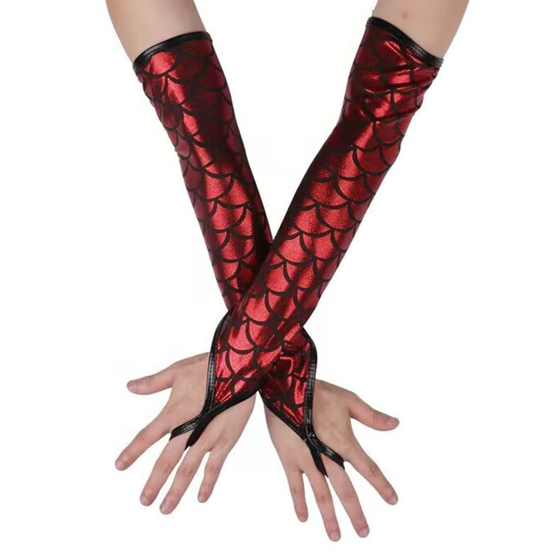 Sexy Dames Lak Lederen Handschoenen Halloween Cosplay Nachtclub Podium Voorstelling Paaldans Arm Mouwen Haak Vinger Lange Want: Zilver