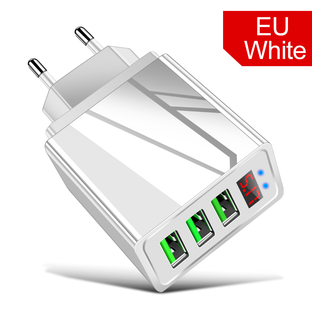 Usb Charger Led Digitale Display Voor Iphone11 7 8 Samsung S8 S9 S10 Plus Eu Ons Uk 3 Port Usb mobiele Telefoon Oplader Adapter: White EU