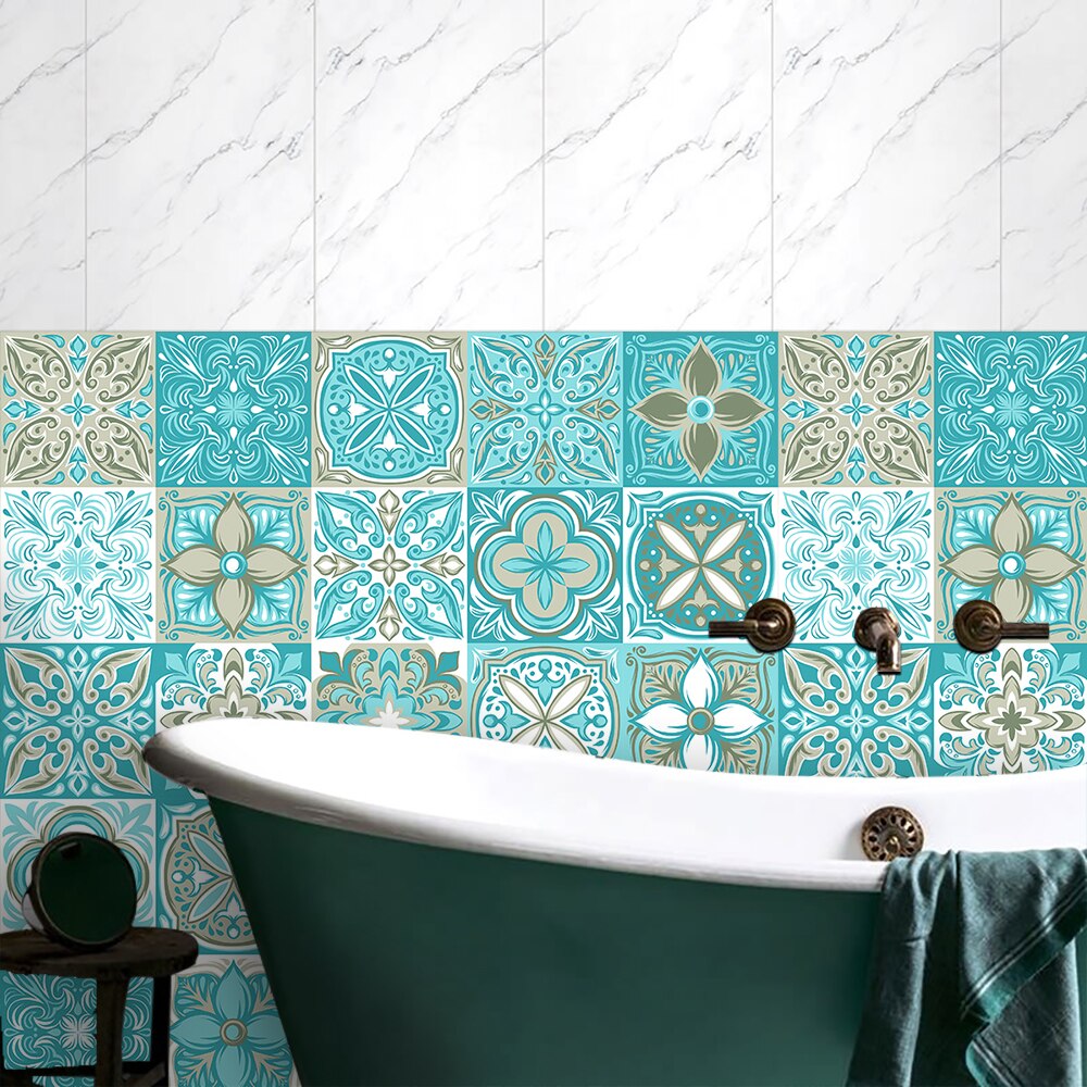 Blue & Green Strip Ceramic Wall Sticker Glossy Surface Kitchen Bathroom Stairs Wallpaper Waterproof Oil-proof Tiles Wall Decals