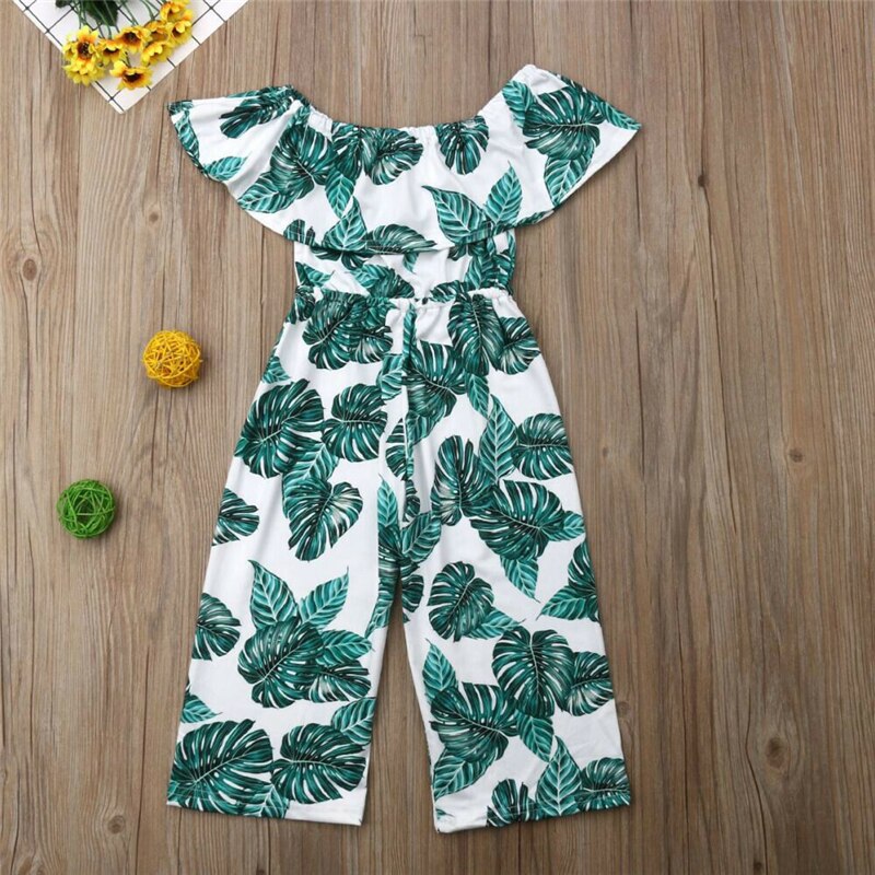 Nuovo Bambino Del Bambino Del Capretto Del Bambino di Estate Delle Ragazze Verde Foglia di Stampa Tute e Salopette Body e Pagliaccetti Freddo Spalla Ruffle Gamba Larga Generale Ropa Del Bambino Della Ragazza vestiti