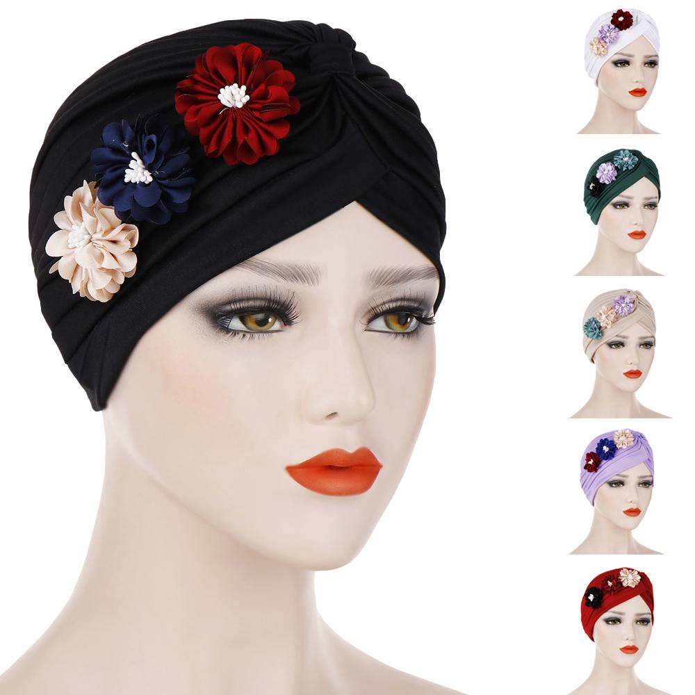 Las mujeres de flor sombrero turbante India sombreros musulmán quimioterapia por cáncer tapa sombrero abrigo indio sombrero falda gorros sombrero tapa